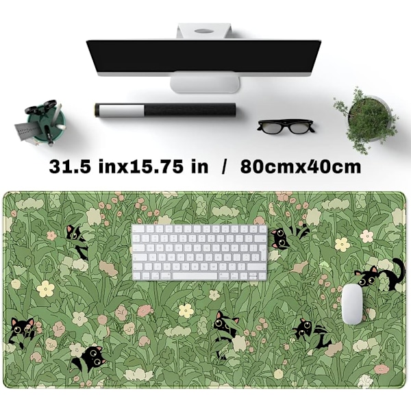 Grön Skrivbordsmatta XL Söt Katt Cool Skrivbordsmatta Tangentbordsmatta Kawaii Svart Katt Blomma Musmatta Grön Skrivbordsmatta Skrivbordsdekor med Sydda Kanter 80x40 cm