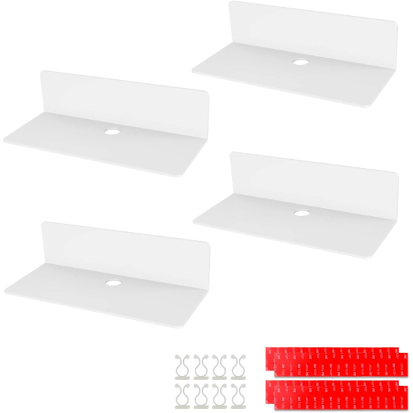 4 stk akryl flytende vegghylle, 23*9,5 cm, selvklebende hylle uten boring med 8 kabelklemmer, liten hylle for kontor, bad, kjøkken, soverom, hvit