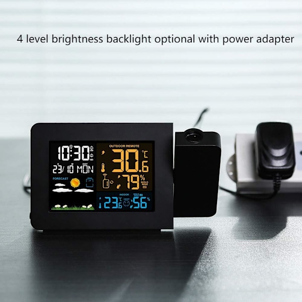 Projektionsvækkeur med indbygget trådløs udendørs sensor og vejrstation, dobbelte alarmer til soveværelset, understøtter LCD-display med dato og tid