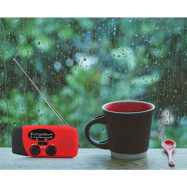 Nödradioväder, Handvevsradio, Bärbar Solar AM/FM NOAA Väderradio, Ficklampa, Powerbank (Röd)