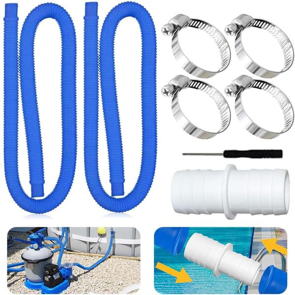 2 st 150cm 32mm Poolslang med 4 Säkerhetsklämmor och 1 Slangkoppling, för Filterpump och Pool (Blå)