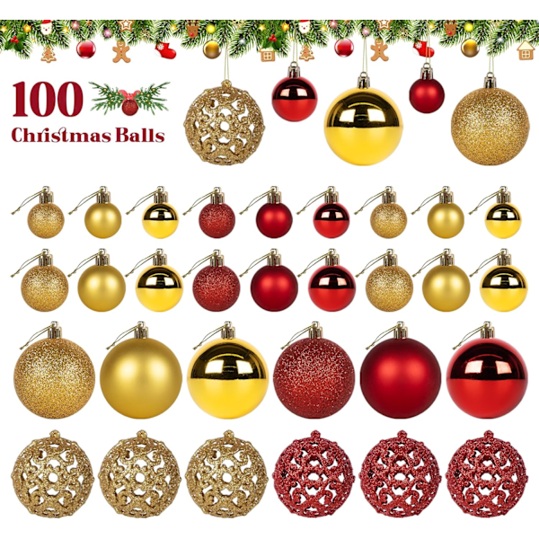 Julgranspynt Juldekorationer Klotset 100 Stycken Dekorativa Klot i Olika Storlekar och Stilar Syntetiskt Guld
