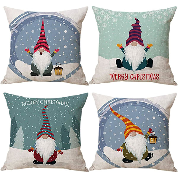 Julkuddfodral 45x45cm Set med 4 Juldekorationer Svenska Gnome Tomte Dekorativa Kuddfodral för Soffa Juldekoration