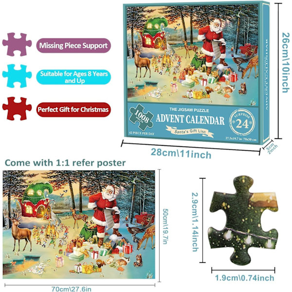 2023 Adventskalender Pussel 1008 Bitar, Färgglatt Skicklighetsspel för Hela Familjen, Vuxenpussel från 8-14 År Julkalender