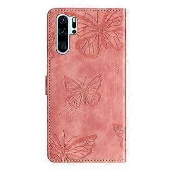 Compatible with Huawei P30 Pro Embossed Butterfly Case with Wallet and Stand - Pink Pink