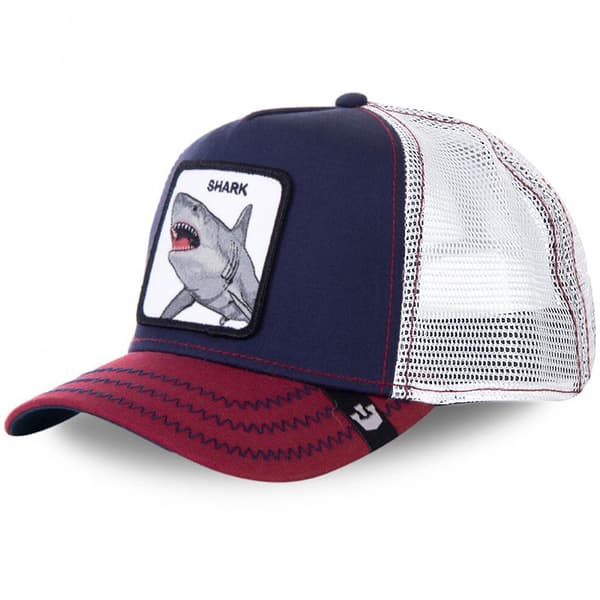 Mesh Trucker Hat with Embroidered Animal Design Shark Navy Blue Red