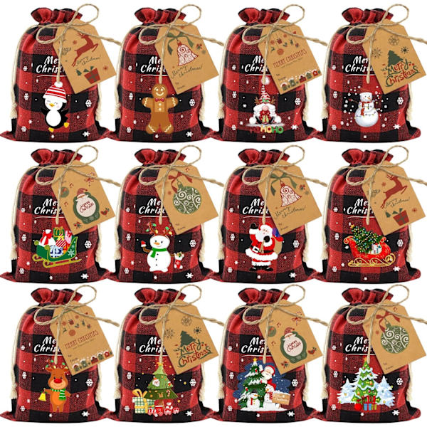 36 stk. Bomulds julesnoreposer Buffalo Plaid Julegaveposer Bomulds jule slikposer Små stofposer (Rød+Sort)