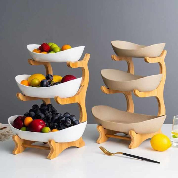 Bambus træhylde husholdnings snackbakke slikbakke frugtkurv stativ Off-white three layers