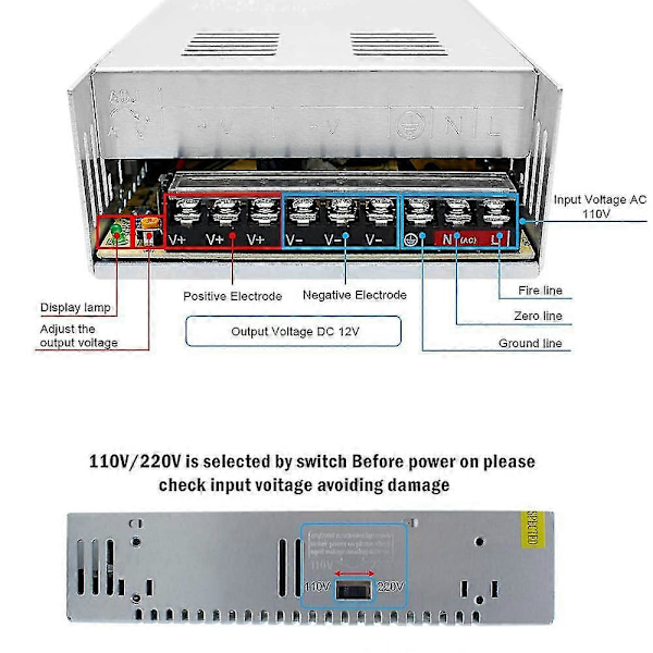 12V 30A 360W, DC Universell Regulert Switching Strømforsyning, Konverter AC 110/220V til DC 12 Volt LED Driver, Transformator, Adapter for LED Strip