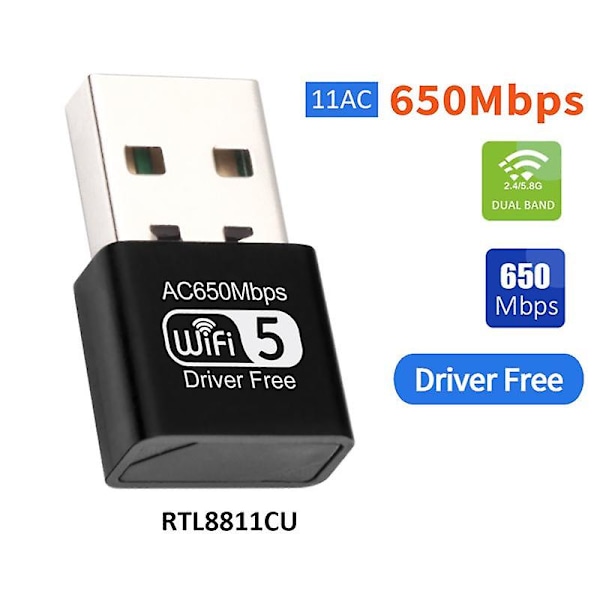 650 Mbps USB WiFi-adapter 5 GHz og 2,4 GHz Dual Band USB LAN Ethernet-adapter 802.11AC Trådløst nettverkskort Wi-Fi Dongle-mottaker for PC Stasjonær PC Laptop