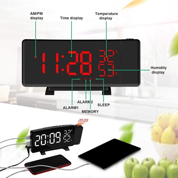 Väckarklocka, Digital Projektionsklocka med USB-laddning