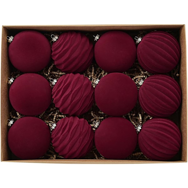 Sammetsjulgranspynt 12 st 8 cm Stora Julbollar Okrossbara Prydnadsföremål Julgranspynt Wine red