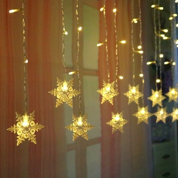 LED Snøfnugg Lyslenke Gardin Vindus Julelys Replika 3.5m 96 stk LED Varm Hvit Hvit