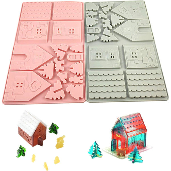 3D Julehusformer sett med 2, Pepperkakehusformer, Slottsstøping DIY Resin Former for juledekorasjon