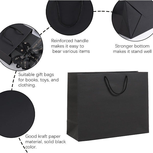 Pakke med 10 ekstra store gaveposer 40*28*12 cm sorte gaveposer til mænd bryllupsgaveposer sorte papirposer [GP]
