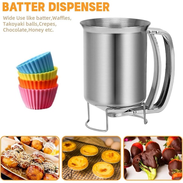 2-i-1 Dejdispenser i rustfrit stål, 800 ml, med trykhåndtag, pandekagehælder, bagemixer (FMY)