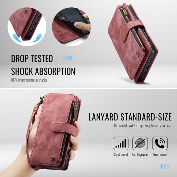Læder iPhone 17 Cover med Kortplads og Lynlås Röd