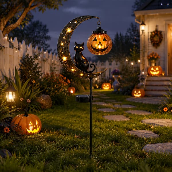3D Metal Sort Kat og Græskar Halloween Havepæl Dekoration til Gård og Plæne 1
