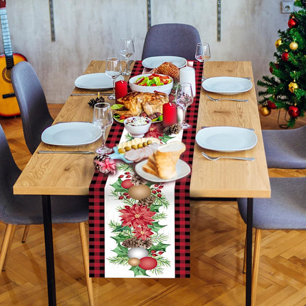 Joulupöytäliina lumiukkoaiheella, ruudullinen joulukuusi- ja lumihiutalepöytäliina sisä- ja ulkotiloihin perhejuhlien koristeluun, 33 x 183 cm