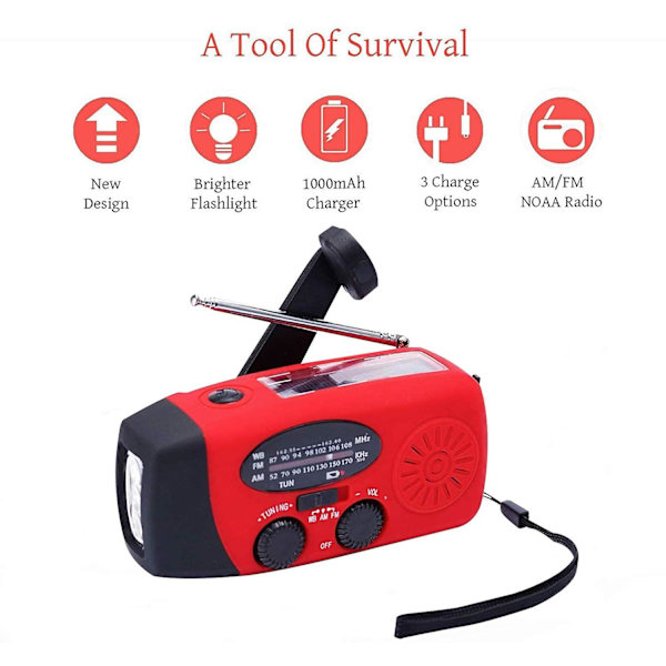 Nödradioväder, Handvevsradio, Bärbar Solar AM/FM NOAA Väderradio, Ficklampa, Powerbank (Röd)