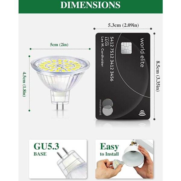 GU5.3 LED-lampe, kaldhvit 6000K, MR16 LED AC DC12V 3W tilsvarende 30W halogen, ikke-dimbar LED-spotlight, 10-pakning [Energiklasse F]