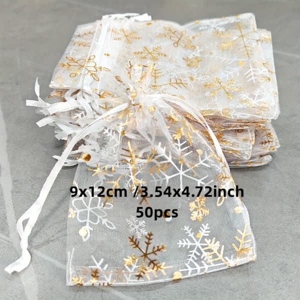 Snöflingeorganzapåsar med dragsko för julbröllopssmyckesförpackningar 9x12cm(25pcs) White Snowflake