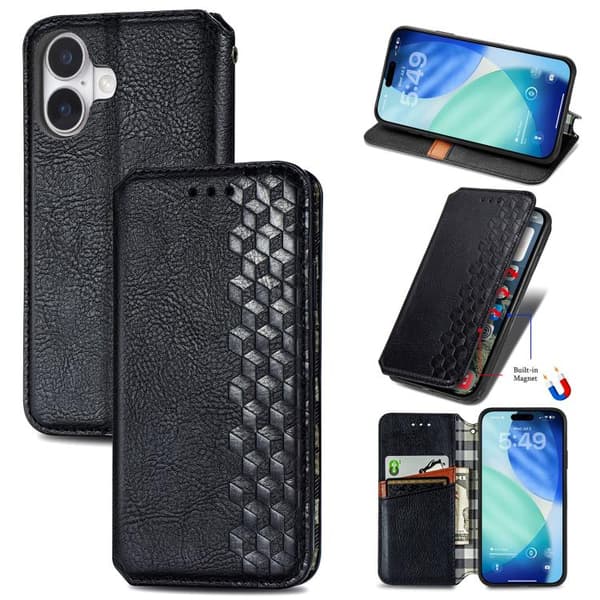 iPhone 17 Läderfodral med Magnetisk Stängning & Rutnätsdesign Svart