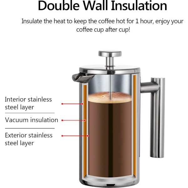 350 ml dobbelvegget rustfritt stål fransk presse kaffebrygger med rustfritt stålfilter, kaffekanne isolert kaffekanne pressfilterkanne kaffepresse