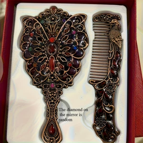 Vintage messinkinen käsipeili ja kampasetti eläinteemalla Butterfly Bronz