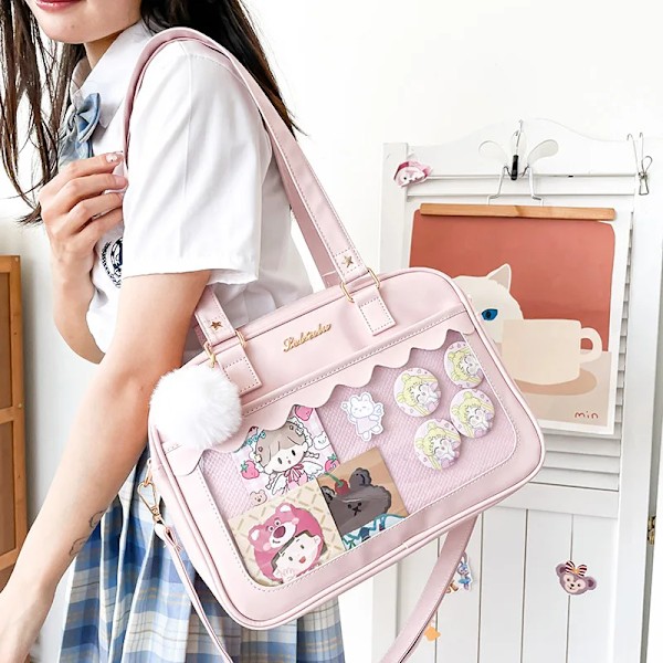 Japansk Kawaii Axelväska för Kvinnor PU Läder Itabag Transparent Tote JK Handväska Preppy Crossbody Ita Väska White