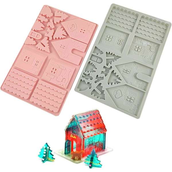 3D Julhusformar set om 2, Pepparkakshusformar, Slottsgjutning DIY Resin-formar för juldekoration