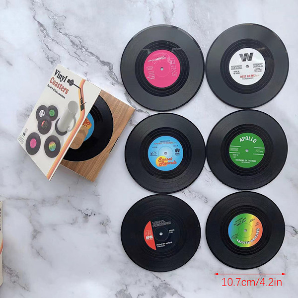6 st Dryckesunderlägg Retro Skiva Vinyl Skivunderlägg
