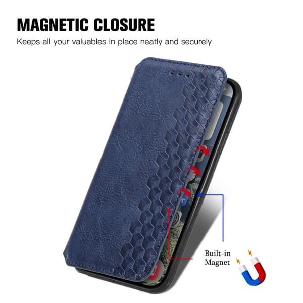 iPhone 17 Läderfodral med Magnetisk Stängning & Rutnätsdesign Blå