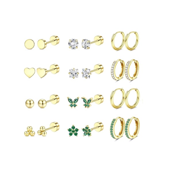 Hypoallergena örhängen i kirurgiskt stål för känsliga öron, 14K guld platt baksida örhängen för kvinnor män små örhängen i rostfritt stål Gold Plating-Green CZ