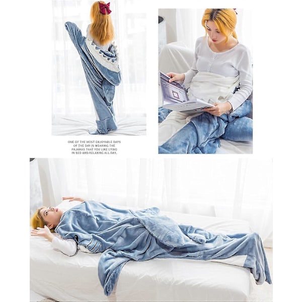 Hajformad filt för vuxna och barn - Bärbar hajfilt med huva, tecknad djur onepiece-filt, söt rolig blå hajflanellhuva för flickors intresse 91in-3xl