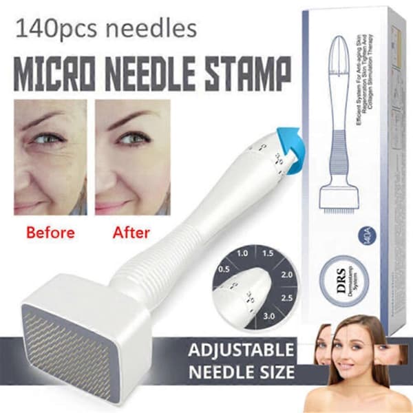 Adjustable Microneedling Derma Stamp Pen 140 Tips 0~3.0mm Skincare Tool for Wrinkles Acne Scars Stretch Marks