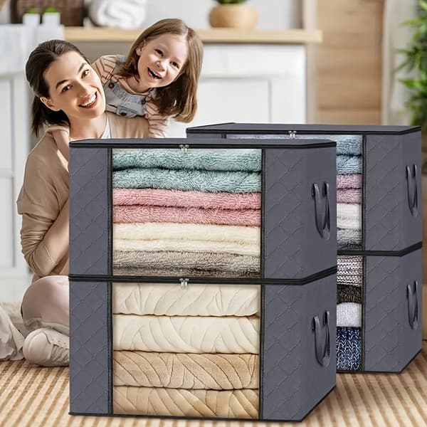 3 stk. opbevaringsposer med lynlås og låg - Sammenfoldelig non-woven organizer til sengetøj, tæpper, puder 3pcs Dark Gray