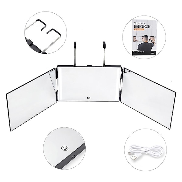 Spegel för självklippning 360 spegel med LED-ljus, Trifold Self Haircut Mirror