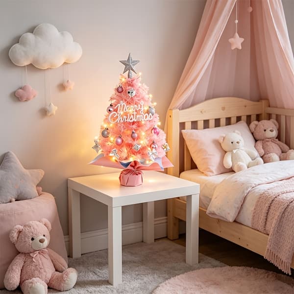 Kunstigt Mini Juletræ med LED-lys og Topstjerne til Skrivebords Julepynt Pink Tree + LED