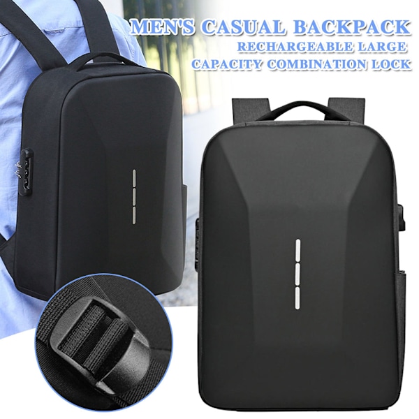 Casual rygsæk til mænd med USB-opladningsport, tyverisikret hard shell laptop taske til udendørs rejser Black