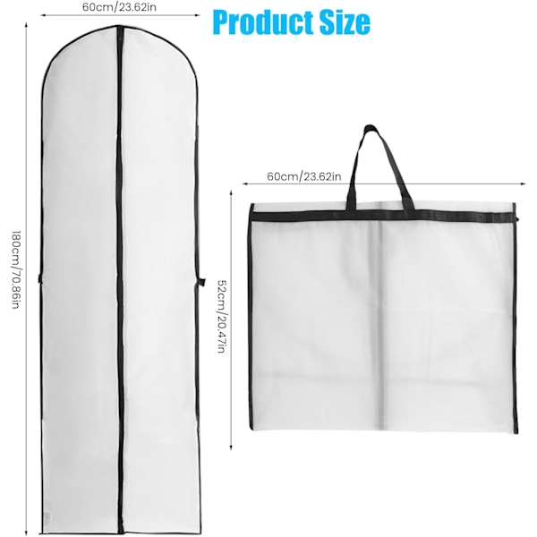 4 stk sammenleggbare beskyttende trekk 180 * 60 cm, pustende støvtette klesdeksler for lange kveldskjoler brudekjoler (hvit)