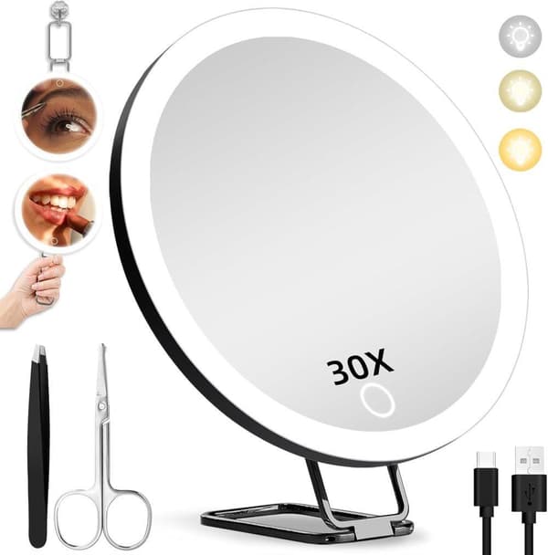 30x Magnifying Mirror with Extra Large Rechargeable, Dimmable Makeup Mirror with 360° Table Stand