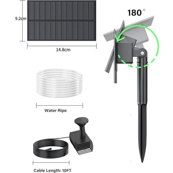 Solardriven vattenfontän för fågelbad, solardriven dammpump med 6 munstycken, solcellsdrivna vattenfunktioner för trädgården, liten damm