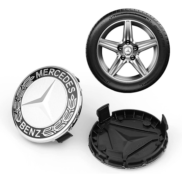 Navkapsler, 4 stk. 75 mm biltilbehør Benz med logo, med tre tykke spænder til Benz navkapsler