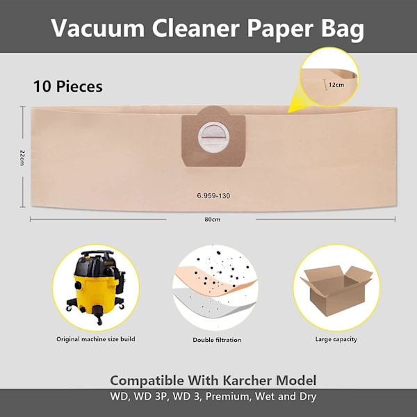 10-pack dammsugarpåsar för Karcher 6.959-130.0 Wd3 Wd3p Mv3 A2204 A2254 ...