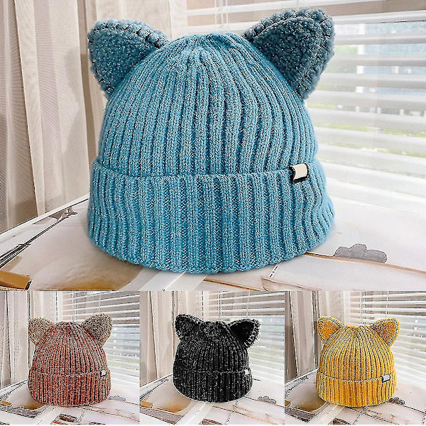 Kawaii Katteøre Hue Sød Ensfarvet Varm Uld Strikket Hue Efterår Vinter Beanies Beige