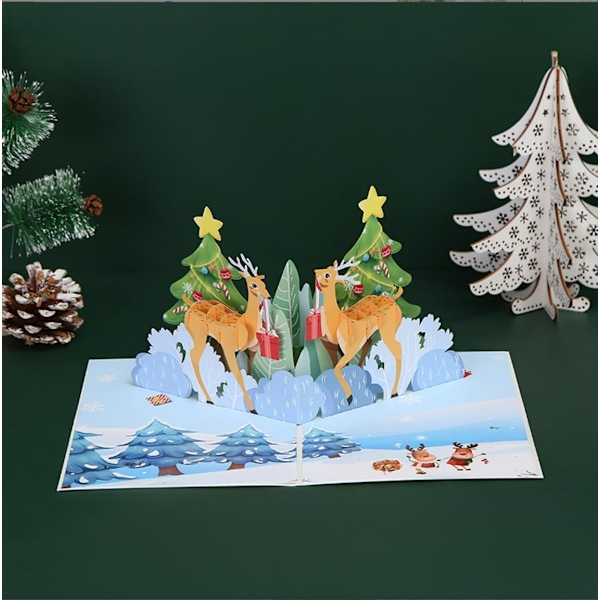 Juletræskort 3D Pop Up-kort Tillykkekort med kuvert og noteetiket - Julehjort & Julegave