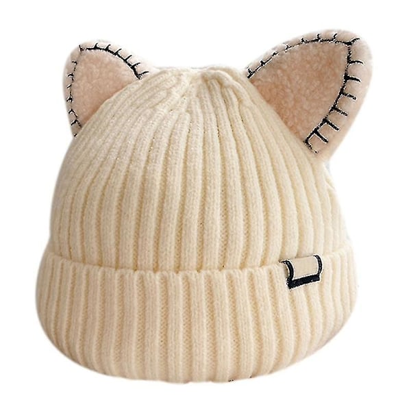 Kawaii Katteøre Hue Sød Ensfarvet Varm Uld Strikket Hue Efterår Vinter Beanies Beige