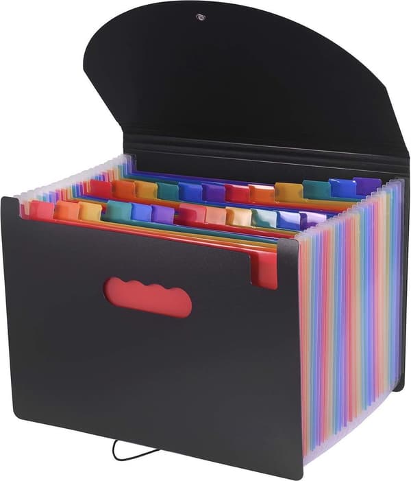Dokumentmappe - A4 - brandsikker blæsermappe - Skrivemappe A4 - 25 rum - mappe til dokumenter - Gennemsigtig plastikmappe til opbevaring af papir
