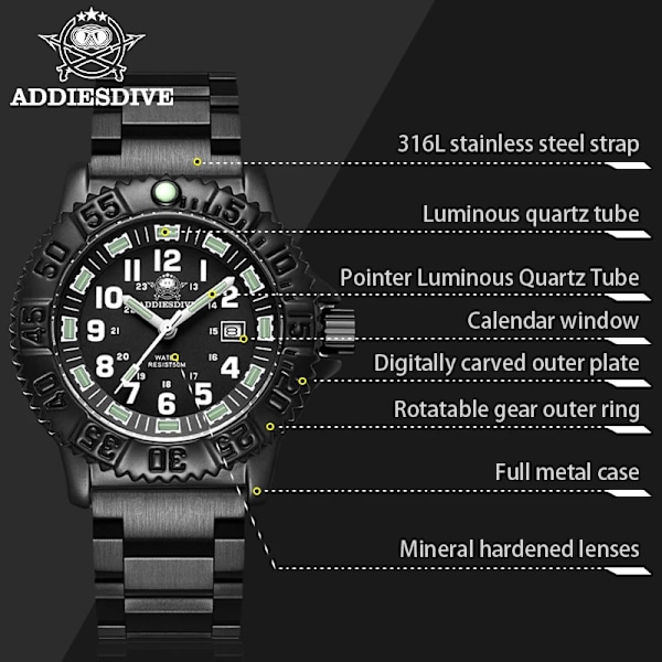 ADDIES Topp Militär Nylon Sportklockor Herr Lyx Vattentät Lysande Quartz Watch Man Klocka Relogio Masculi Green nylon